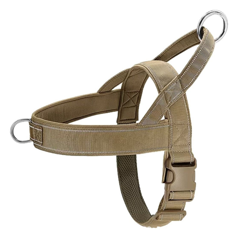 Aan de halsband hangt hij te trekken